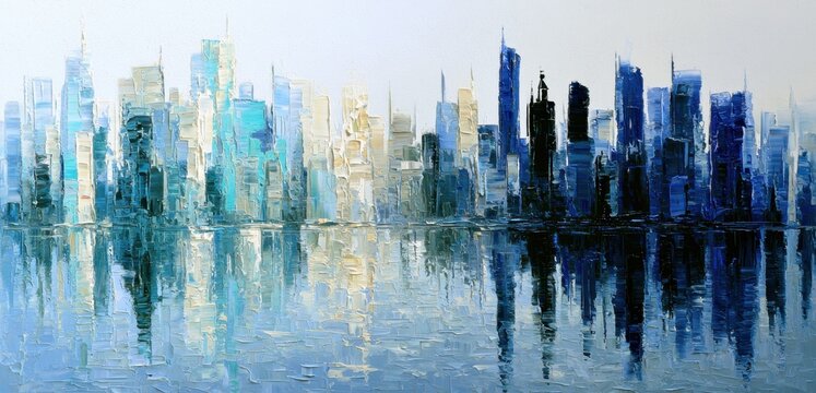 Abstract city skyline painting featuring cool blue and white tones with reflective water effects illustrating urban architecture and modern cityscape ambiance