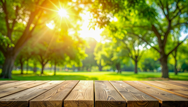 Empty wooden table top with blurred green park background and bright sunlight