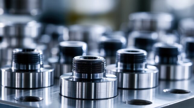 Shiny industrial metal parts with threaded sections arranged on a metallic surface highlighting precision engineering and manufacturing quality standards