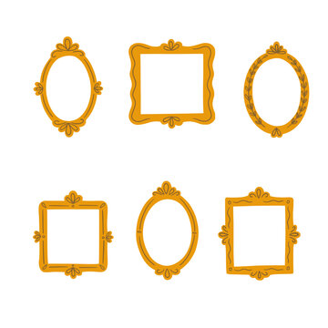 Vintage frame set with hand drawn decorative oval and rectangular borders, floral ornaments, botanical details and retro picture frames in warm ochre color isolated on white background.