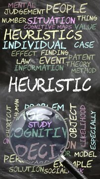 Heuristic being studied, examined - under close inspection. Most important subjects and ideas closely related to heuristic written on a blackboard inspected by a magnifying glass. Can be looped