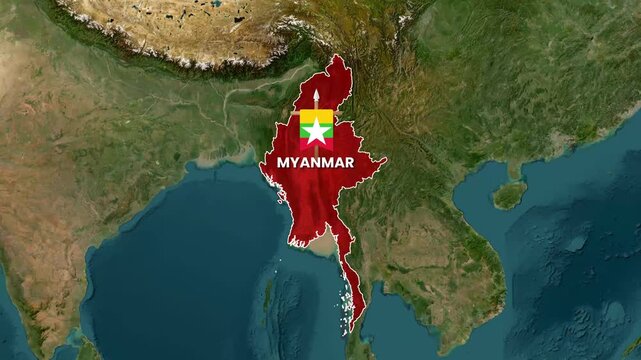 Myanmar map zoom animation video showing detailed country geography borders