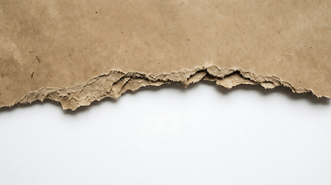 Torn piece of brown craft paper with a rough ripped edge, textured surface, and natural fibers, isolated on white background