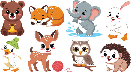 Fototapeta premium Cute Baby Animal Character Vector Set with Bear Fox Elephant Deer Duckling Owl and Hedgehog Illustrations for Nursery and Kids Design