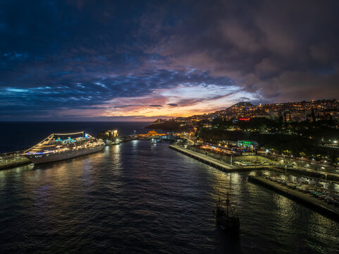 Funchal harbor and cruise ship at blue hour, Madeira