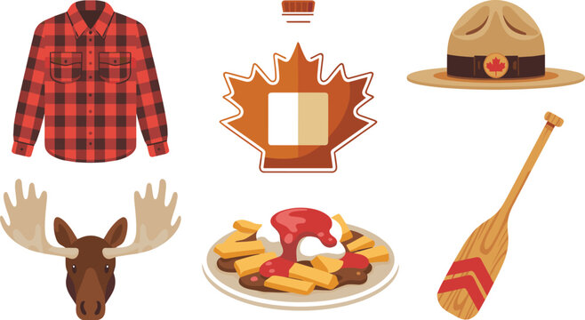 Traditional Canada Culture and Tourism Vector Set with Maple Syrup Flannel Shirt Poutine Moose and Mountie Hat Elements for Graphic Designs