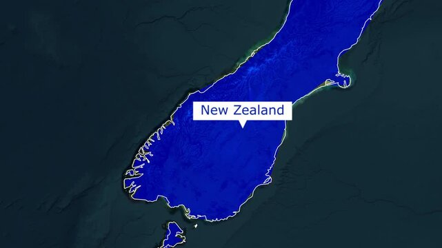 New Zealand map location marker digital motion graphic animation blue background