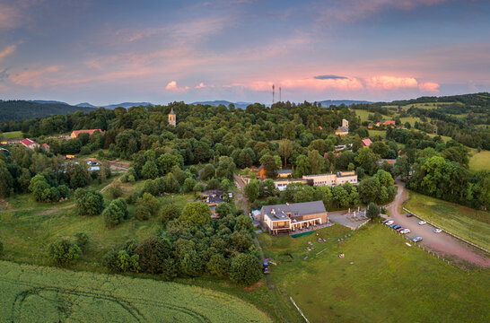 Miedzianka village and Rudawy Janowickie at sunset, Poland