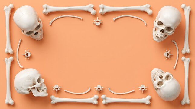 Human skulls and bones arranged as a decorative frame on a plain light orange background
