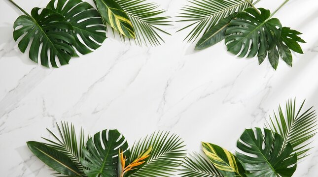 Luxurious skincare product flat lay with tropical leaves on a serene white marble background, showcasing natural beauty and self-care essentials for a spa-like experience