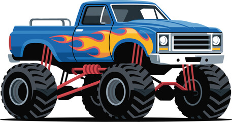 Fototapeta premium Blue Monster Truck Vector Illustration with Huge Tires Suspension Systems and Fire Flame Vinyl Decal Graphics for Extreme Motorsport Event Designs