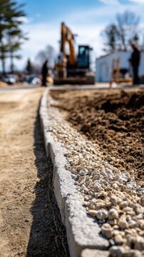 Construction site with fresh gravel lining a pathway under a bright sky and heavy machinery working in the background during daytime development project