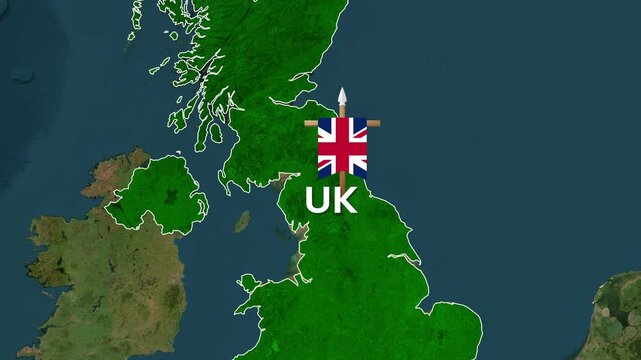 United Kingdom map with animated flag marker in motion video footage