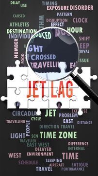 Jet Lag under magnifying glass, being researched, studied and examined. Most important subjects and ideas closely related to jet lag written around a puzzle to symbolize complexity of jet lag.