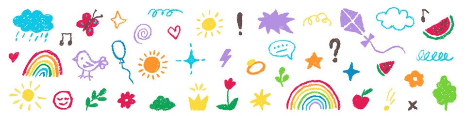 Naklejka premium Colorful hand drawn doodle collection of rainbows, suns, clouds, flowers, hearts, fruit, plants, stars and playful symbols arranged across a clean white background.