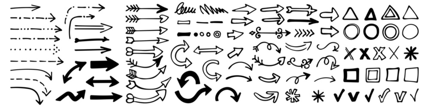 Collection of black hand-drawn arrows, directional marks, check symbols, crosses, circles, squares and triangles in doodle styles, with curved, straight and decorative forms on a white background.