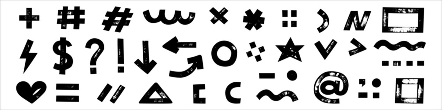 Set of black grunge symbols, geometric shapes, arrows, and punctuation icons with rough ink texture isolated on white background. Vector hand drawn distressed graphic elements.