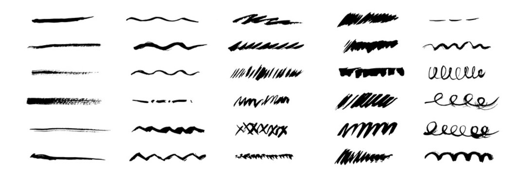 Set of grunge black paint brush strokes and ink lines isolated on white background. Vector hand drawn textured elements, including straight lines, wavy dividers, zigzags, hatching, and hand-written do