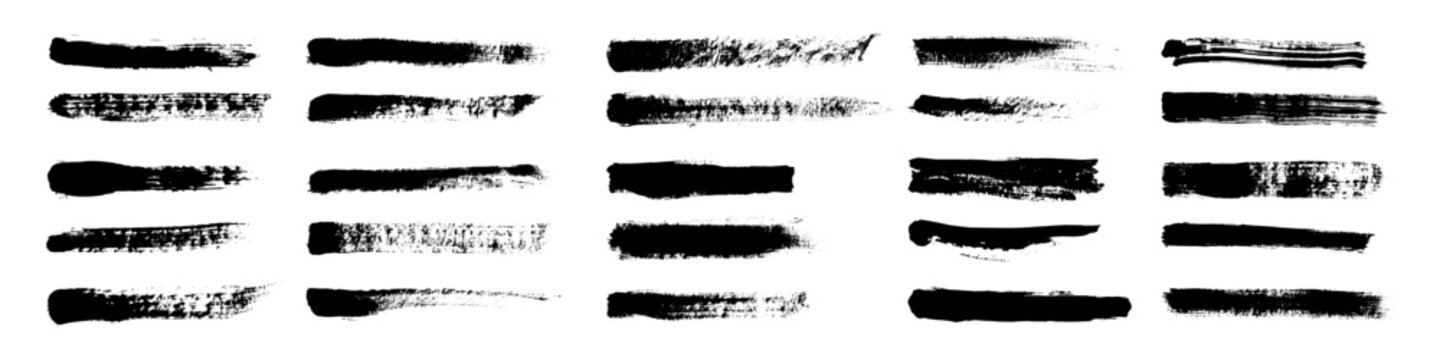 Set of grunge black paint brush strokes and ink lines isolated on white background. Vector hand drawn textured dry brush borders, underline banners, and artistic design elements for creative typograph