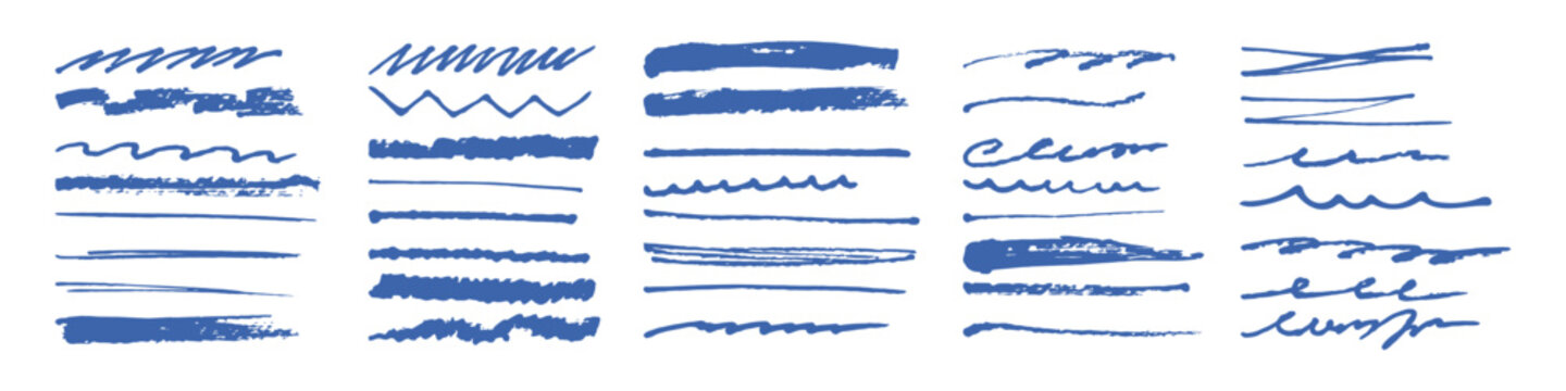 Blue freehand brush strokes, scribbles, wavy lines and underline marks arranged as a varied collection of rough ink accents with textured edges on a clean white background.
