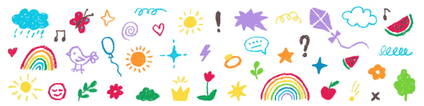 Colorful hand drawn doodle collection of rainbows, suns, clouds, flowers, hearts, fruit, plants, stars and playful symbols arranged across a clean white background.