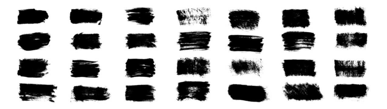 Collection of black hand-painted brush stroke swatches with rough grunge textures, irregular rectangular shapes, dry brush edges