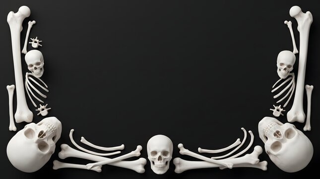 Human skulls and bones arranged as a frame on a dark black background for halloween