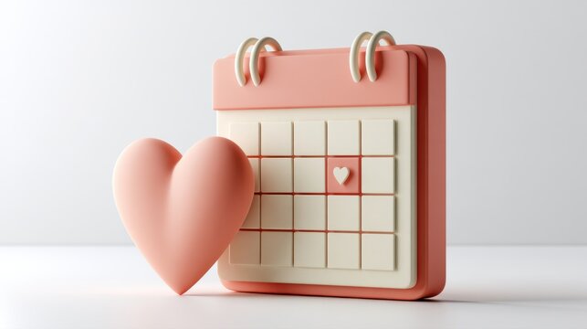 3d rendering of a pastel pink and cream calendar with a heart icon marking a special date next to a large soft heart symbolizing love and important events