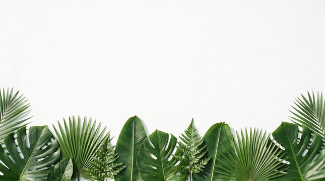 Tropical foliage border with green palm and monstera leaves on a clean white background