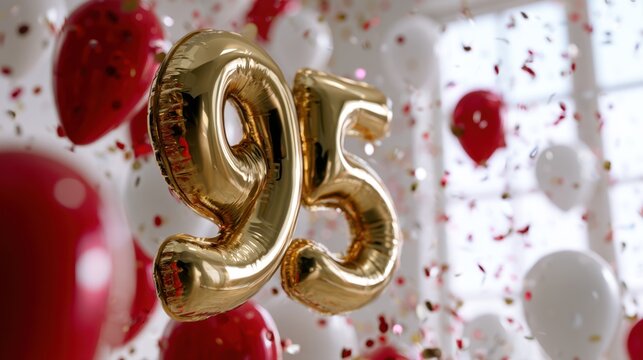 Festive celebration with golden number 95 balloons surrounded by red and white balloons and colorful confetti falling in a bright room setting