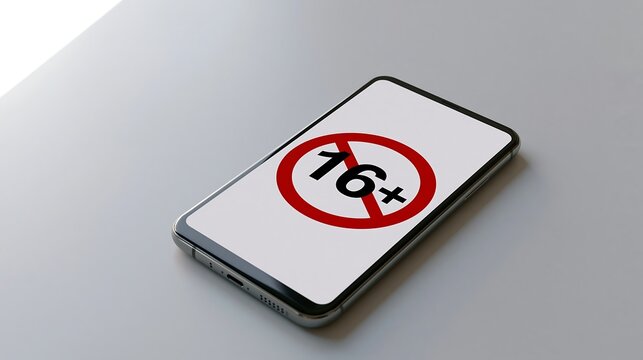 Smartphone screen shows a red prohibition sign over 16+, symbolizing restricted social media access, age verification rules, child protection and online platform regulation