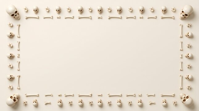 Frame border made of small human skulls and bones on a light beige surface