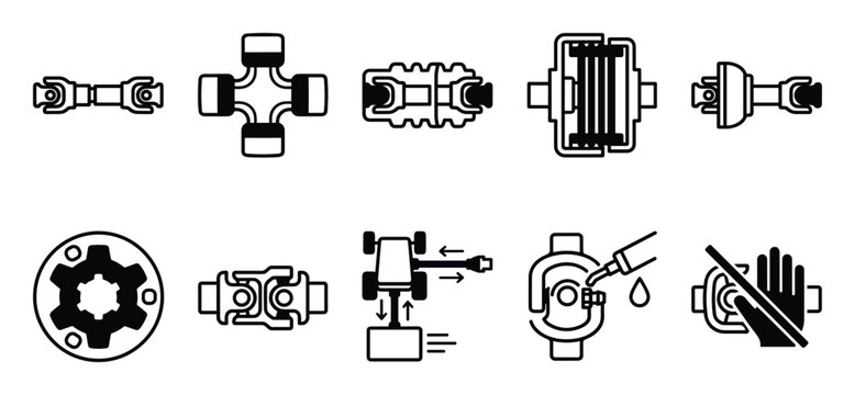 Agricultural PTO Driveline Shaft Icon Set, Universal Joint Maintenance Safety Symbols