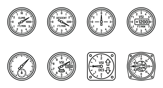 Aircraft vertical speed indicator icon set, VSI climb descent gauges