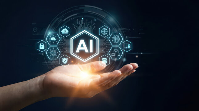 Human hand holding glowing AI symbol surrounded by futuristic digital technology icons, representing artificial intelligence, machine learning, automation, smart solutions, digital transformation