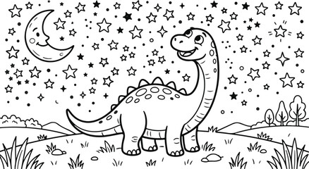 Cute cartoon dinosaur standing in a puddle after the rain with a beautiful rainbow in the background © Fatema