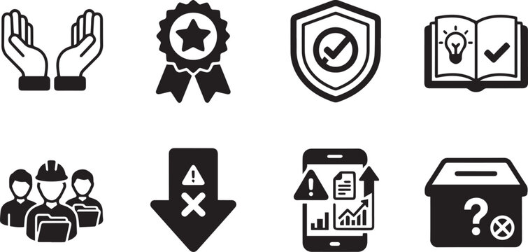 Safety Management and Incident Reporting Icon Collection Featuring Caring Hands, Award Star Badge, Protection Shield, Safety Manual Book, EHS Team, Decreasing Risk Arrow, Mobile Analytics, Box Vector
