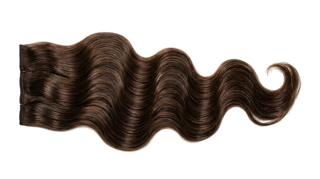 A single long strand of wavy brown hair extension isolated on a plain background, showcasing smooth texture, natural shine, and a gentle curl pattern for isolated on a transparent background