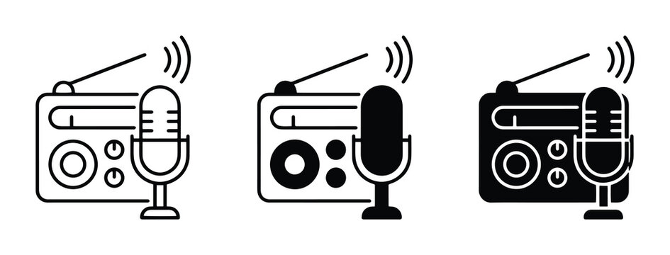 Radio Broadcast Icons, Microphone and Radio Wave Symbols, Audio Recording and Transmission