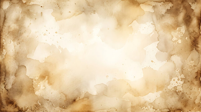 Vintage aged paper texture with watercolor stains and grunge edges, perfect for scrapbooking, invitations, or historical background designs