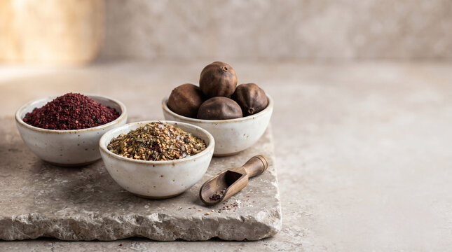 Middle eastern spices and dried limes in bowls on stone surface