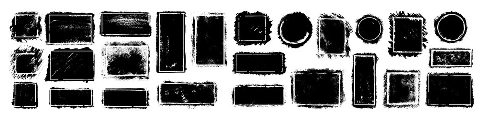 Naklejka premium Set of black grunge geometric frames, banners, and textured rectangular substrates isolated on white background. Vector hand drawn distressed borders, ink stamps, badges