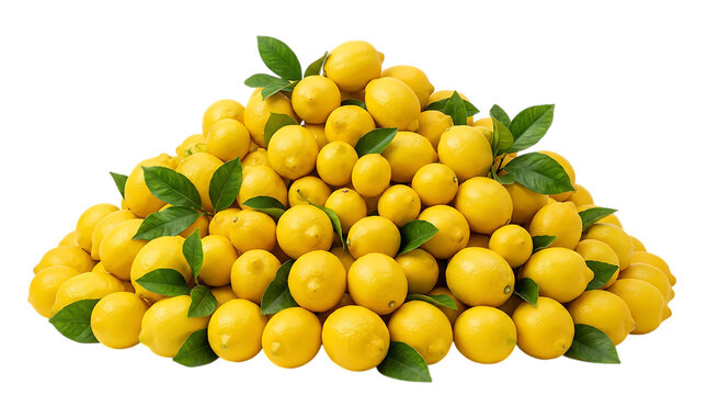 A large, overflowing pile of fresh yellow lemons with green leaves, arranged in a pyramid shape, isolated on a plain background, for food and, culinary use isolated on a transparent background