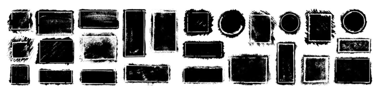 Set of black grunge geometric frames, banners, and textured rectangular substrates isolated on white background. Vector hand drawn distressed borders, ink stamps, badges