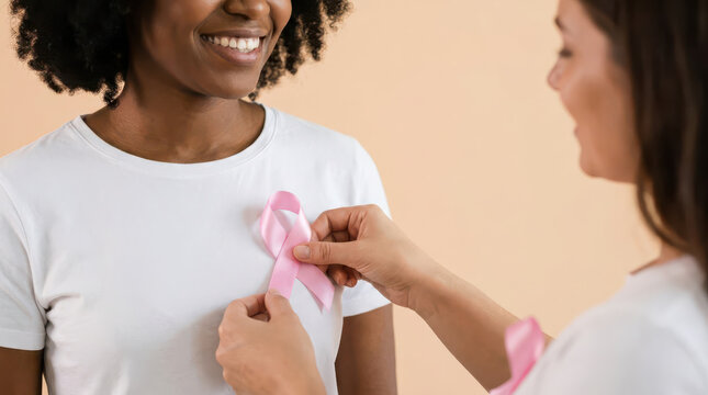 Two women sharing a meaningful moment as one pins a pink breast cancer awareness ribbon on the other's white shirt, symbolizing support, solidarity, hope, friendship, women's health and care