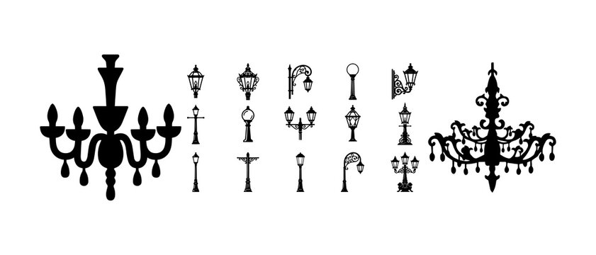 black silhouettes of vintage street lamps and chandeliers