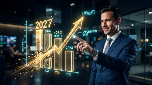 Businessman Touching Digital Growth Chart with Exponential Success Arrow Revenue Data