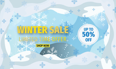 Naklejka premium Winter sale banner with discount offer up to fifty percent off, snowy abstract background, and snowflakes vector illustration