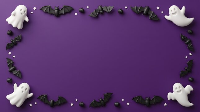 Halloween frame with white ghost and black bat decorations on a purple background