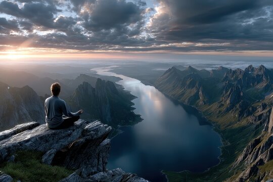 Meditating Person on Mountain Cliff at Sunset